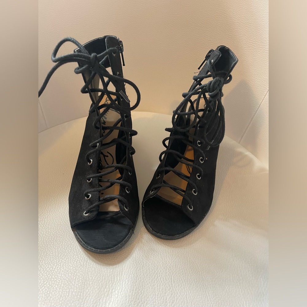 American Rag Women's Savanah Side Zip Lace Up Ankle Open Toe Booties Black